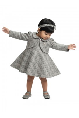 Calyx Clothing Baby Girls Grey Checked Dress with Collar & Full Sleeves | Elegant Winter Frock