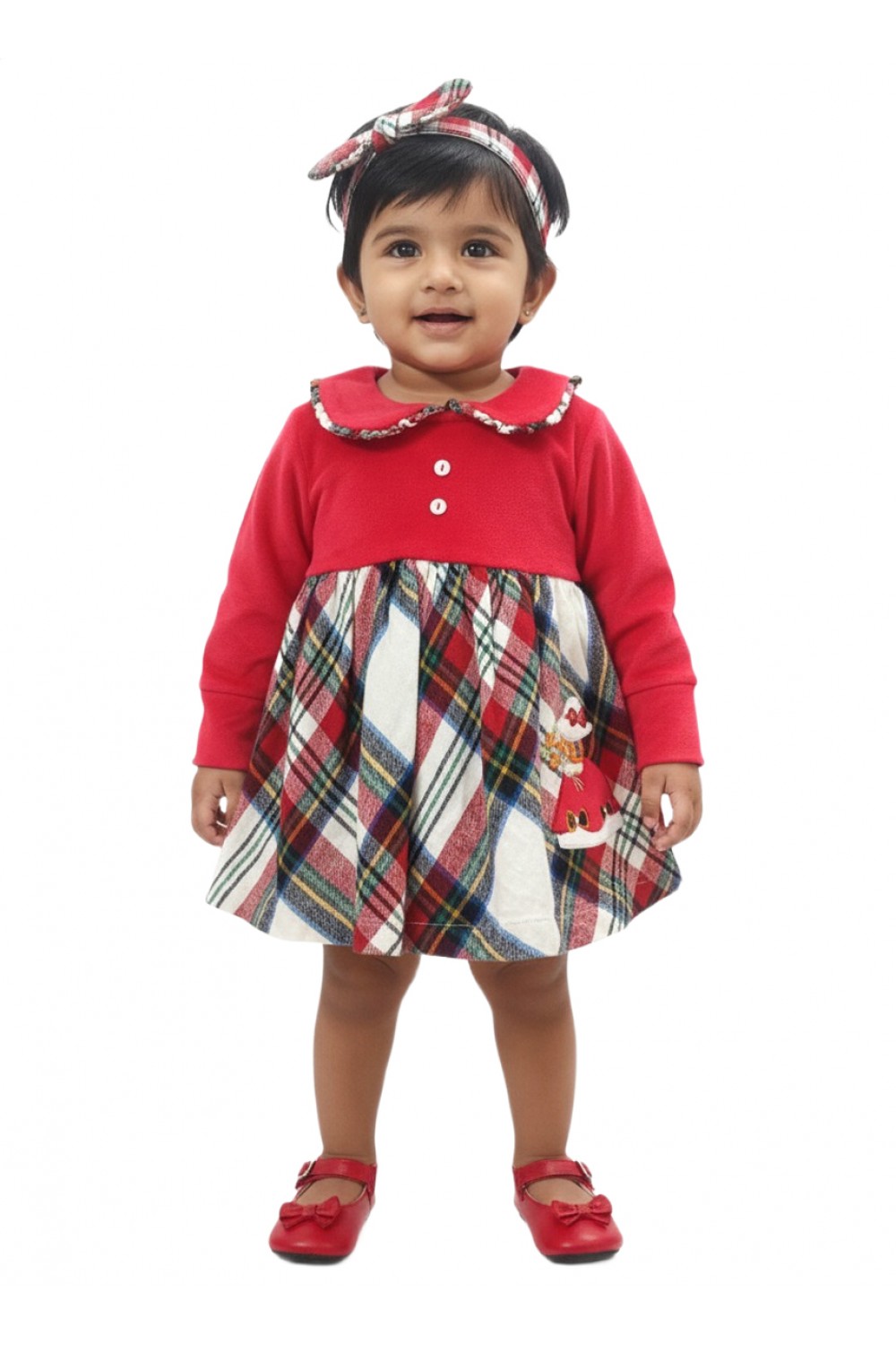 Calyx Clothing Baby Girls Red Checked Winter Dress with Peter Pan Collar & Embroidery | Full Sleeve Frock