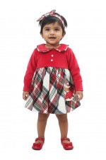 Calyx Clothing Baby Girls Red Checked Winter Dress with Peter Pan Collar & Embroidery | Full Sleeve Frock