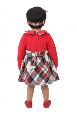 Calyx Clothing Baby Girls Red Checked Winter Dress with Peter Pan Collar & Embroidery | Full Sleeve Frock