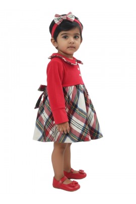 Calyx Clothing Baby Girls Red Checked Winter Dress with Peter Pan Collar & Embroidery | Full Sleeve Frock