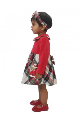 Calyx Clothing Baby Girls Red Checked Winter Dress with Peter Pan Collar & Embroidery | Full Sleeve Frock