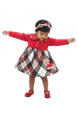 Calyx Clothing Baby Girls Red Checked Winter Dress with Peter Pan Collar & Embroidery | Full Sleeve Frock