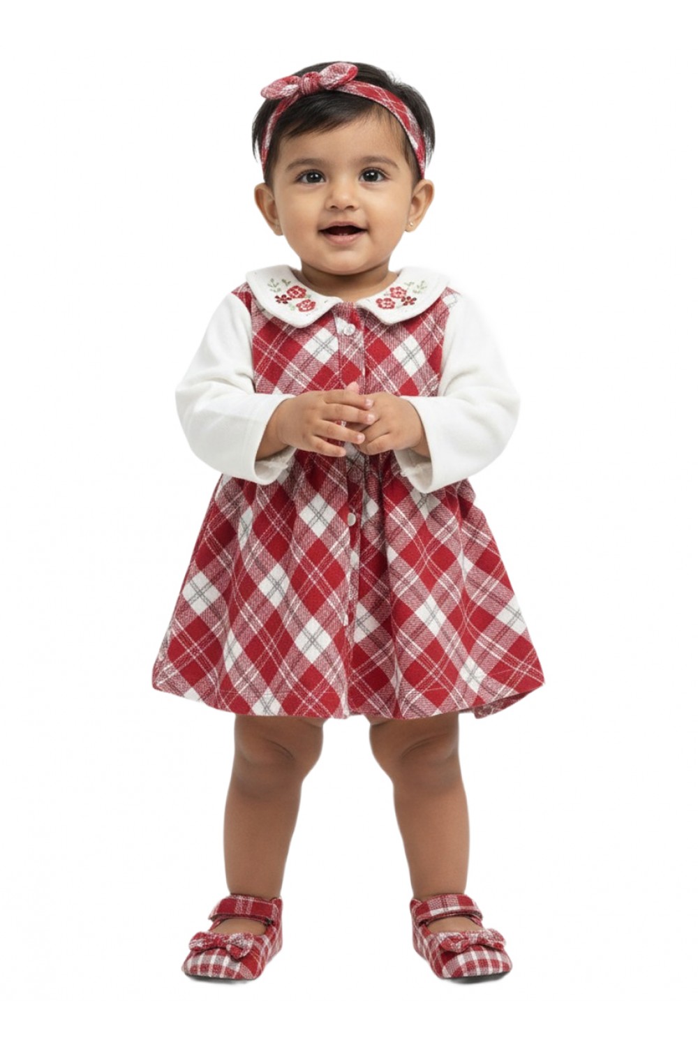 Calyx Clothing Baby Girls White Checked Winter Dress with Peter Pan Collar & Embroidery | Full Sleeve Frock