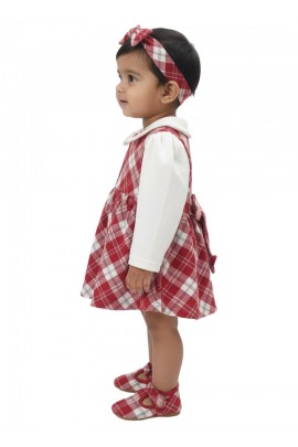 Calyx Clothing Baby Girls White Checked Winter Dress with Peter Pan Collar & Embroidery | Full Sleeve Frock