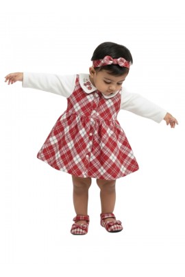 Calyx Clothing Baby Girls White Checked Winter Dress with Peter Pan Collar & Embroidery | Full Sleeve Frock
