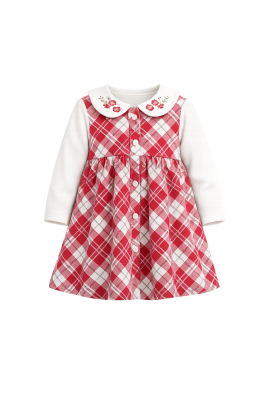 Calyx Clothing Baby Girls White Checked Winter Dress with Peter Pan Collar & Embroidery | Full Sleeve Frock