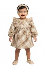 Calyx Clothing Baby Girls Beige Checked Winter Dress with Ruffle Sleeves & Bow Detail | Premium Frock