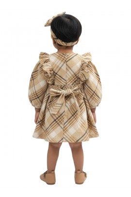 Calyx Clothing Baby Girls Beige Checked Winter Dress with Ruffle Sleeves & Bow Detail | Premium Frock