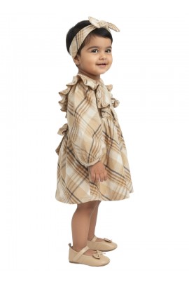 Calyx Clothing Baby Girls Beige Checked Winter Dress with Ruffle Sleeves & Bow Detail | Premium Frock