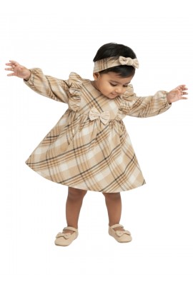 Calyx Clothing Baby Girls Beige Checked Winter Dress with Ruffle Sleeves & Bow Detail | Premium Frock