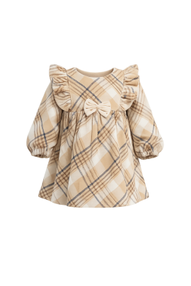 Calyx Clothing Baby Girls Beige Checked Winter Dress with Ruffle Sleeves & Bow Detail | Premium Frock