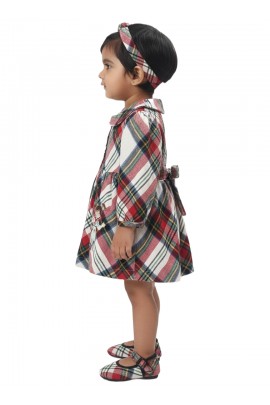 Calyx Clothing Baby Girls Multi Colored Checked Winter Dress with Ruffle Sleeves & Bow Detail | Premium Frock