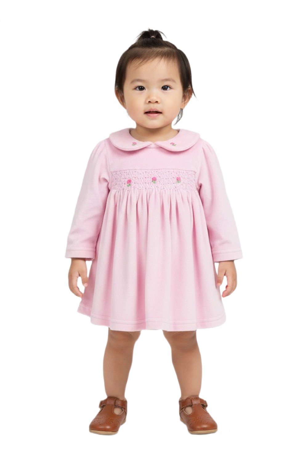 Calyx Clothing Baby Girls Soft Pink Smocked Dress with Peter Pan Collar | Full Sleeves Velvet Dress