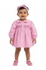 Calyx Clothing Baby Girls Soft Baby Pink Smocked Dress with Peter Pan Collar | Full Sleeves Cotton Dress