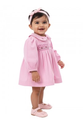 Calyx Clothing Baby Girls Soft Baby Pink Smocked Dress with Peter Pan Collar | Full Sleeves Cotton Dress