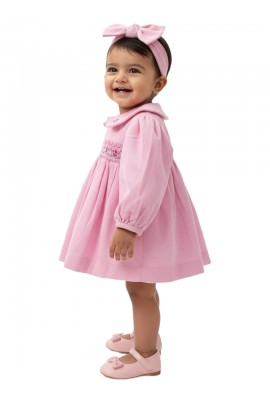 Calyx Clothing Baby Girls Soft Baby Pink Smocked Dress with Peter Pan Collar | Full Sleeves Cotton Dress