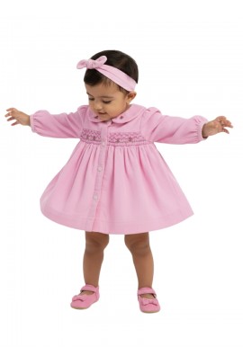 Calyx Clothing Baby Girls Soft Baby Pink Smocked Dress with Peter Pan Collar | Full Sleeves Cotton Dress