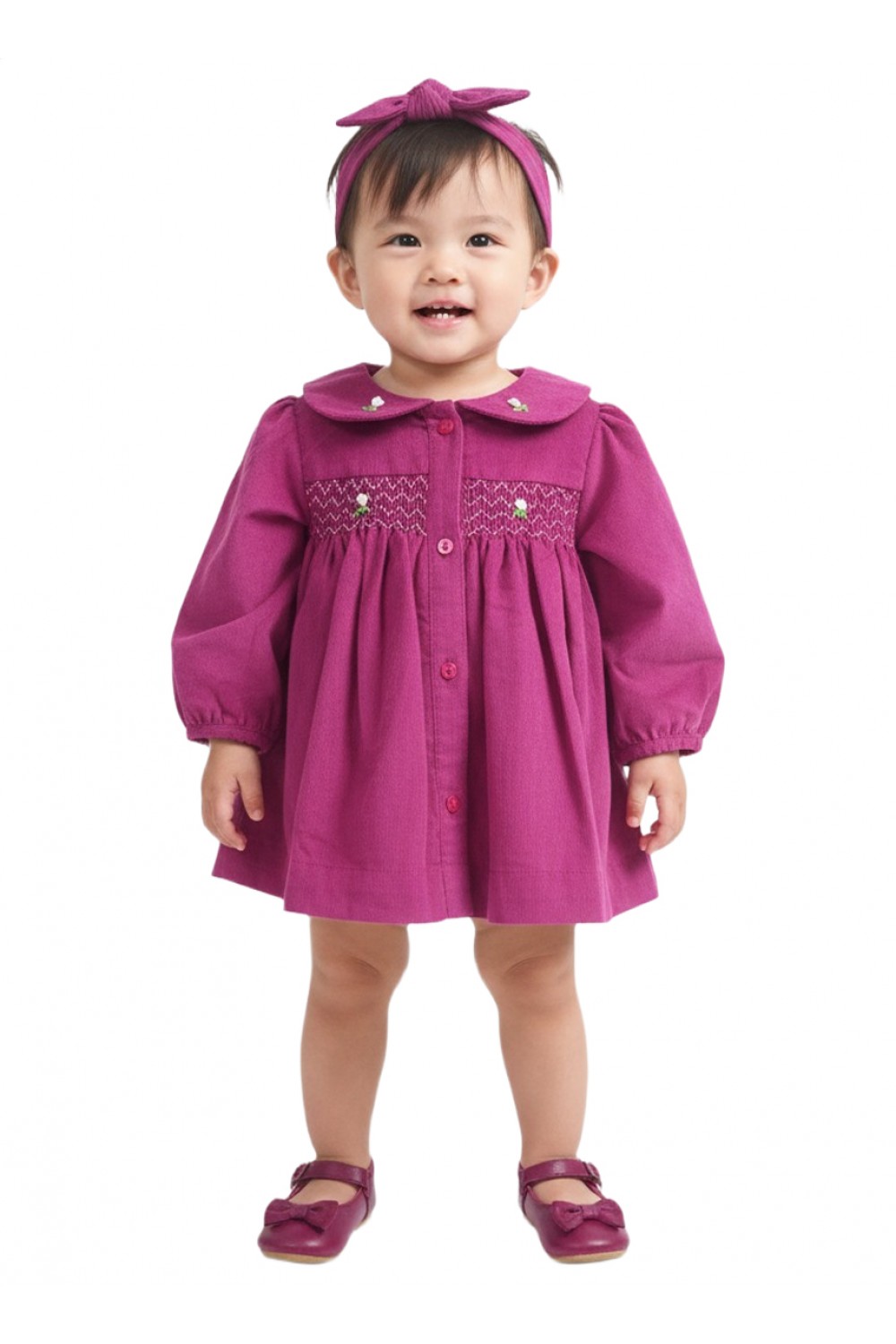 Calyx Clothing Baby Girls Soft Pink Smocked Dress with Peter Pan Collar | Full Sleeves Cotton Dress