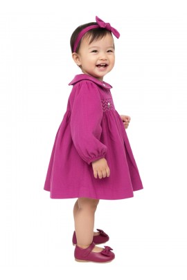 Calyx Clothing Baby Girls Soft Pink Smocked Dress with Peter Pan Collar | Full Sleeves Cotton Dress