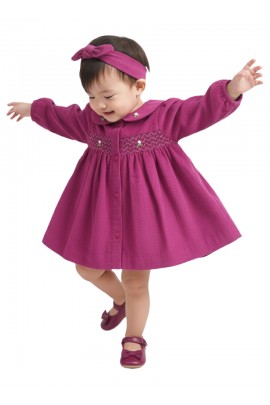 Calyx Clothing Baby Girls Soft Pink Smocked Dress with Peter Pan Collar | Full Sleeves Cotton Dress