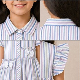 Girls Pastel Striped Cotton Dress with Collar, Ruffle Sleeves & Bow Detail