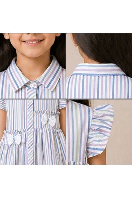 Girls Pastel Striped Cotton Dress with Collar, Ruffle Sleeves & Bow Detail