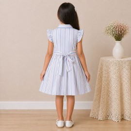 Girls Pastel Striped Cotton Dress with Collar, Ruffle Sleeves & Bow Detail