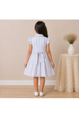 Girls Pastel Striped Cotton Dress with Collar, Ruffle Sleeves & Bow Detail