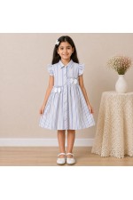 Girls Pastel Striped Cotton Dress with Collar, Ruffle Sleeves & Bow Detail