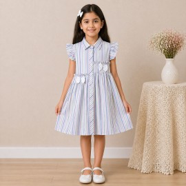 Girls Pastel Striped Cotton Dress with Collar, Ruffle Sleeves & Bow Detail