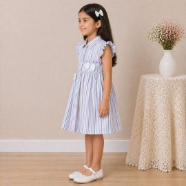 Girls Pastel Striped Cotton Dress with Collar, Ruffle Sleeves & Bow Detail