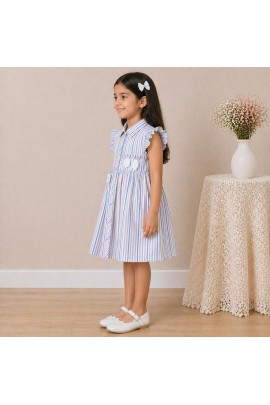 Girls Pastel Striped Cotton Dress with Collar, Ruffle Sleeves & Bow Detail