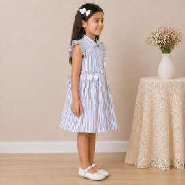 Girls Pastel Striped Cotton Dress with Collar, Ruffle Sleeves & Bow Detail