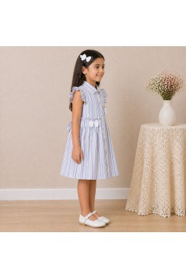 Girls Pastel Striped Cotton Dress with Collar, Ruffle Sleeves & Bow Detail