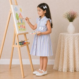 Girls Pastel Striped Cotton Dress with Collar, Ruffle Sleeves & Bow Detail