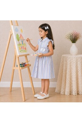 Girls Pastel Striped Cotton Dress with Collar, Ruffle Sleeves & Bow Detail