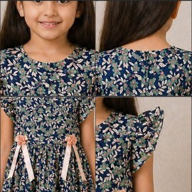 Girls Navy Floral Chiffon Dress with Ruffle Sleeves & Bow Ribbon Detail