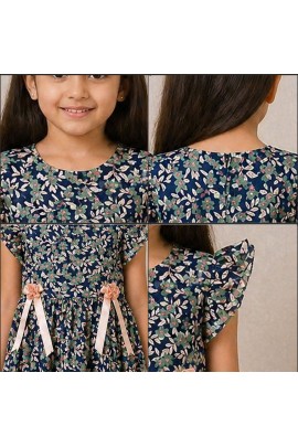 Girls Navy Floral Chiffon Dress with Ruffle Sleeves & Bow Ribbon Detail