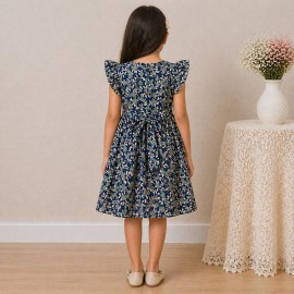 Girls Navy Floral Chiffon Dress with Ruffle Sleeves & Bow Ribbon Detail