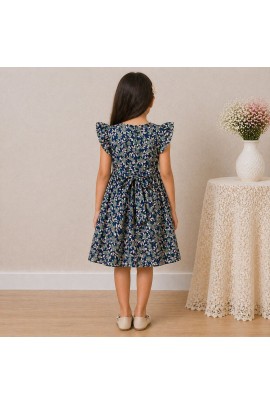 Girls Navy Floral Chiffon Dress with Ruffle Sleeves & Bow Ribbon Detail