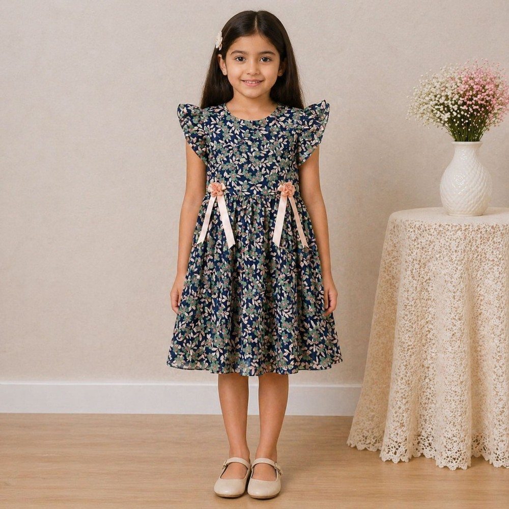 Girls Navy Floral Chiffon Dress with Ruffle Sleeves & Bow Ribbon Detail