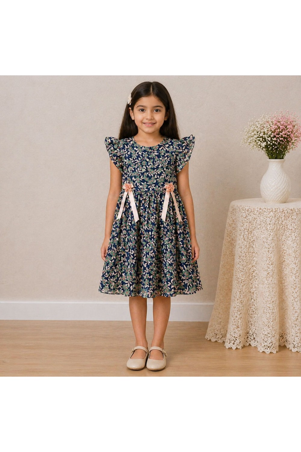 Girls Navy Floral Chiffon Dress with Ruffle Sleeves & Bow Ribbon Detail
