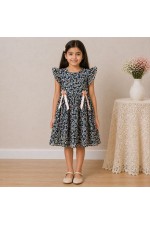 Girls Navy Floral Chiffon Dress with Ruffle Sleeves & Bow Ribbon Detail