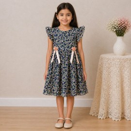 Girls Navy Floral Chiffon Dress with Ruffle Sleeves & Bow Ribbon Detail