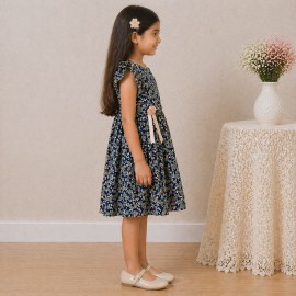 Girls Navy Floral Chiffon Dress with Ruffle Sleeves & Bow Ribbon Detail