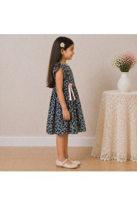 Girls Navy Floral Chiffon Dress with Ruffle Sleeves & Bow Ribbon Detail