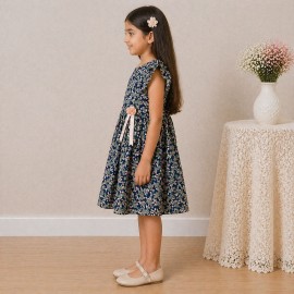 Girls Navy Floral Chiffon Dress with Ruffle Sleeves & Bow Ribbon Detail