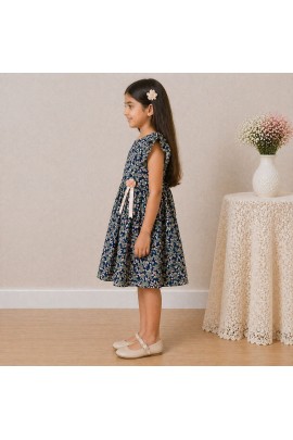 Girls Navy Floral Chiffon Dress with Ruffle Sleeves & Bow Ribbon Detail