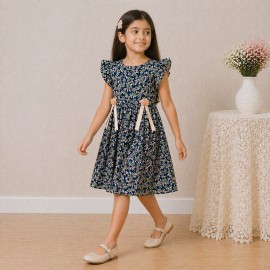 Girls Navy Floral Chiffon Dress with Ruffle Sleeves & Bow Ribbon Detail
